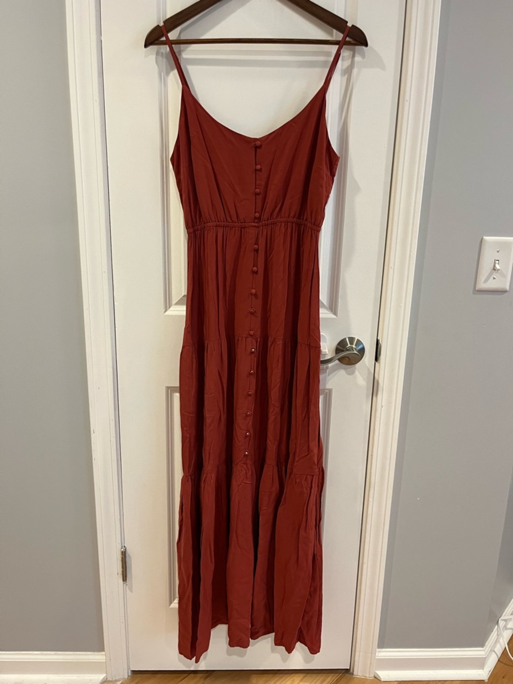 Chelsea & Theodore Rust-Red Spaghetti Strap Button-Front Maxi Dress